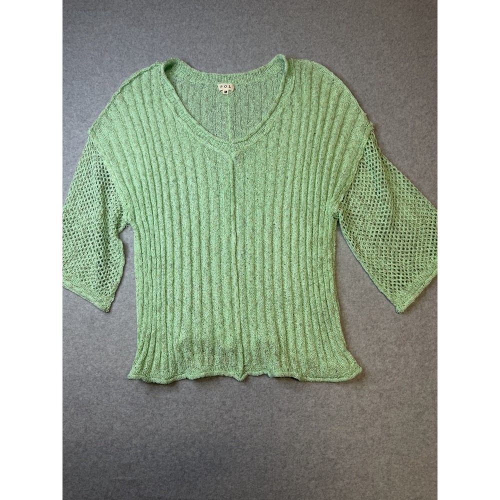 POL Women's Mint Green Open-Knit Pullover Sweater V Neck Size M Elbow Sleeves
